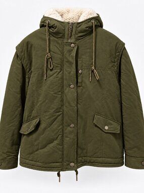 Sherpa Lined Hooded Jacket Womens L Olive Green Utility Fleece Coat Y2K